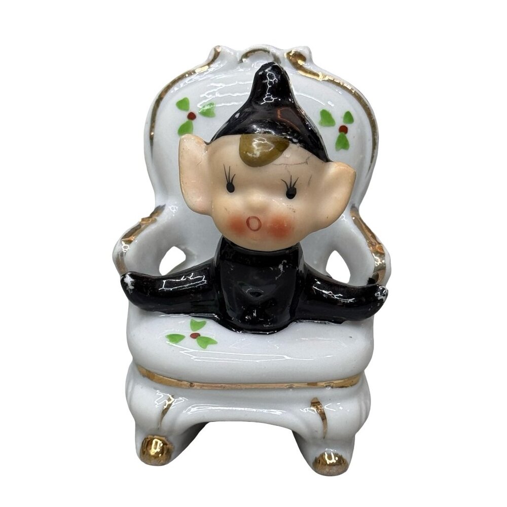 Vintage Porcelain Sitting Baby Pixie Boy Elf On Chair MCM Figurine Mini 3"
